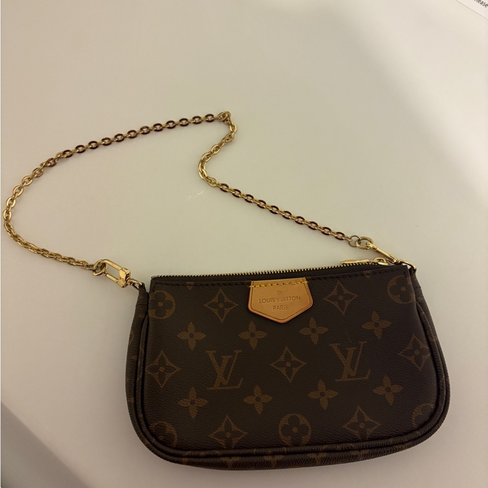 Louis Vuitton Monogram Brown Wristlet with Gold Chain
